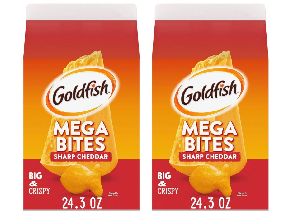  two stock images of Goldfish Mega Bites, Sharp Cheddar Crackers, 24.3 Oz Carton