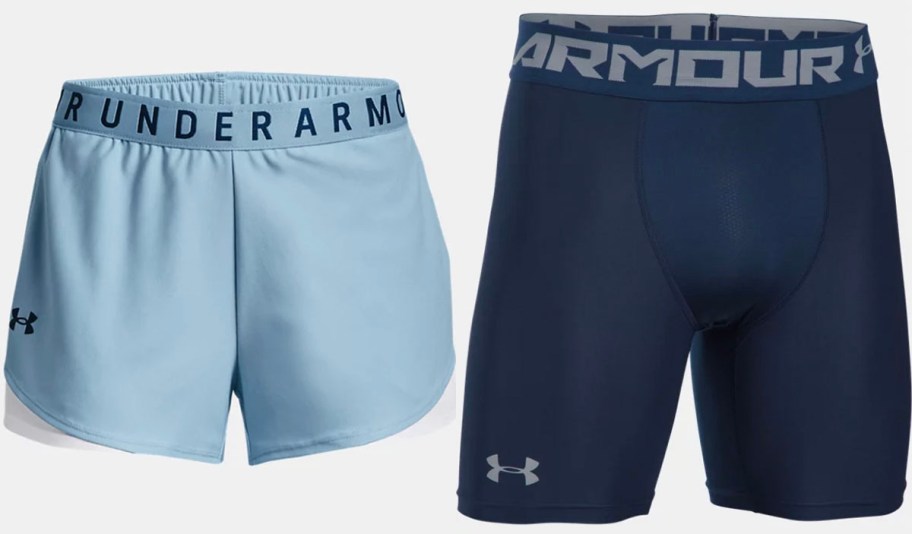 womens and mens blue under armour shorts stock images 