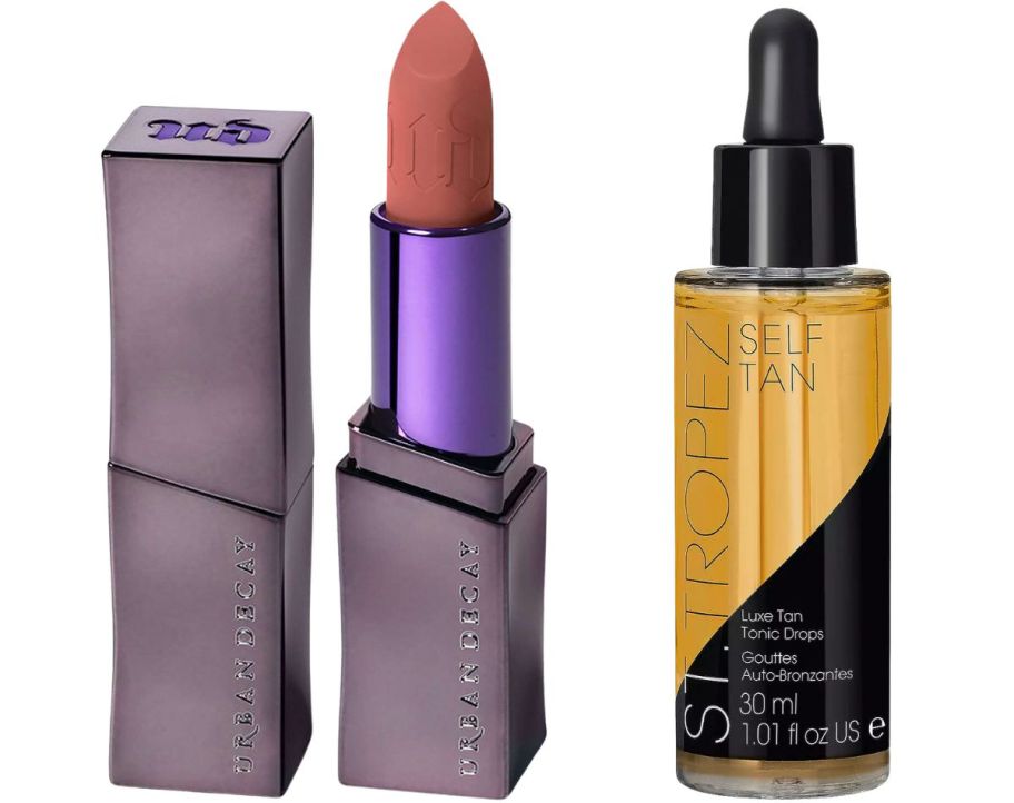 urban decay vice hydrating lip stick and St. Tropez tan tonic glow drops stock images