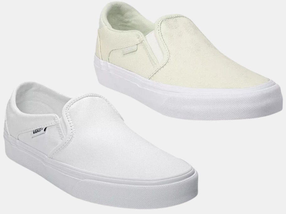 two women's Vans slip on sneakers, one is white and the other is a pale yellow