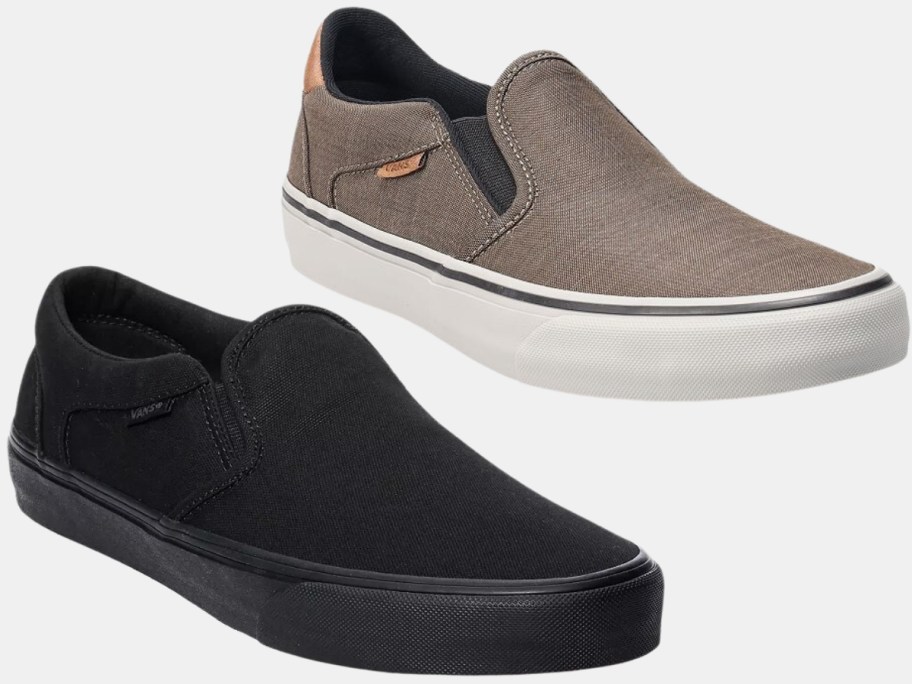 two men's Vans slip on sneakers, one is solid black and the other is brown with a white sole