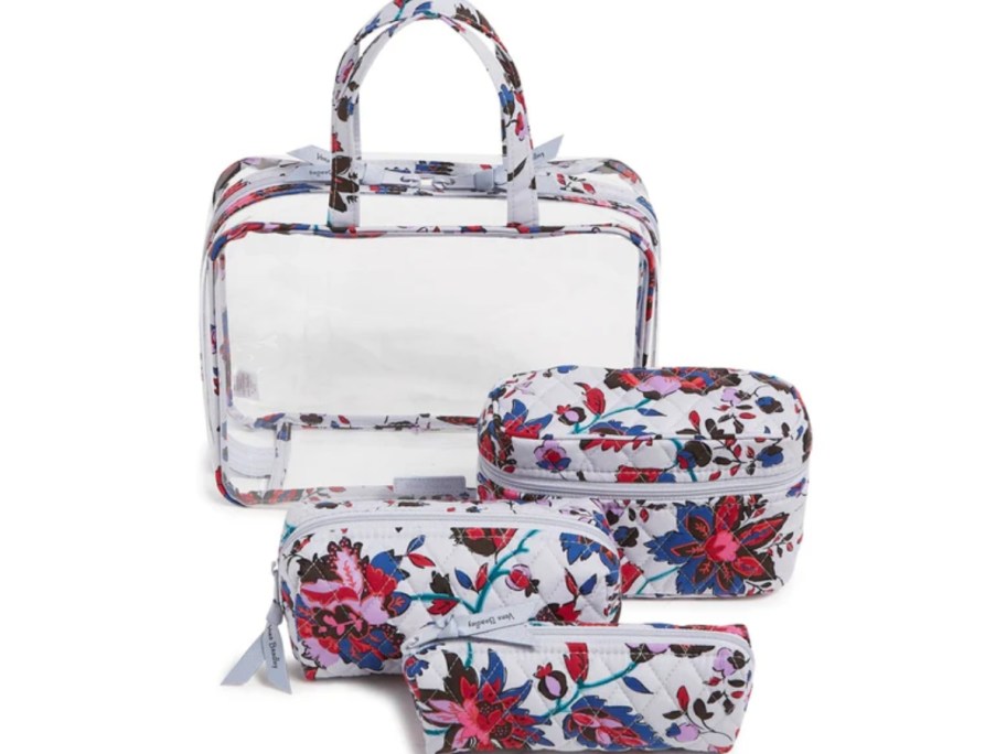 4 piece Vera Bradley Cosmetic bag in white, clear and floral print