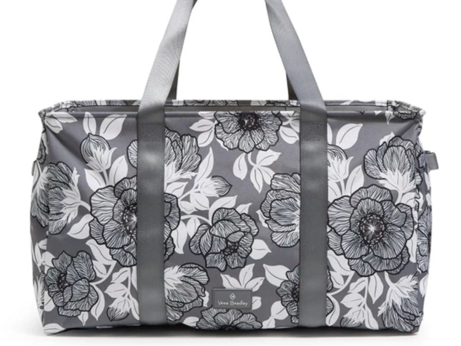 large Vera Bradley tote bag with black, grey and white floral print