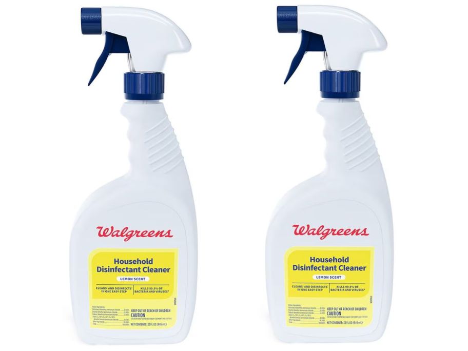 two bottles of walgreens cleaner spray on white background