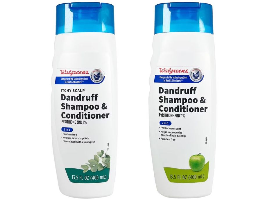 walgreens brand dandruff shampoo on white background