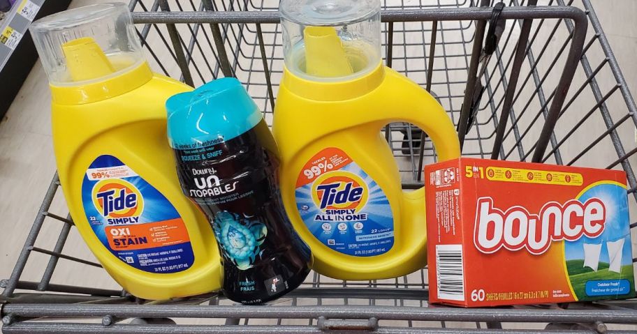 two bottles of tide, bounce dryer sheets, and downy scent beads in walgreens cart