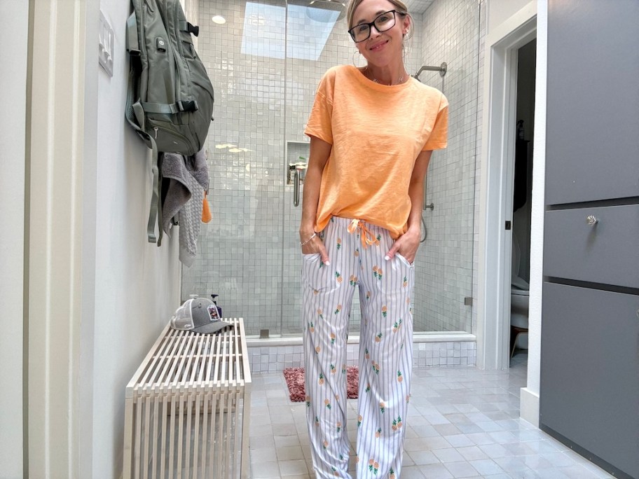 woman wearing Kohl's pajamas 