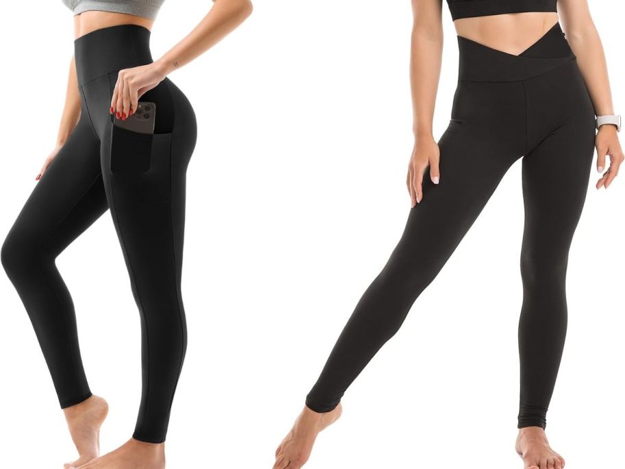 Stock images of 2 women wearing pocket and cross waist black leggings