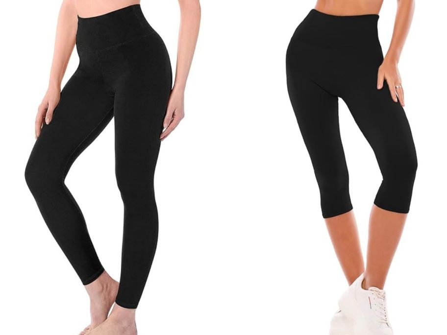 Stock images of 2 women wearing full-length and capri black leggings