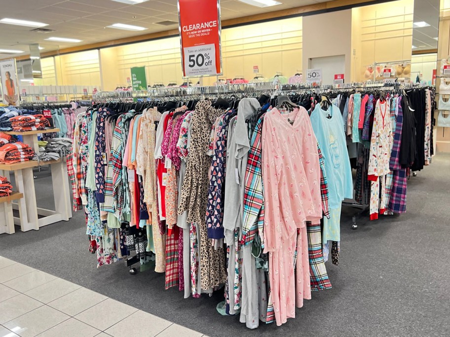 womens pajamas hanging on clearance rack at kohls