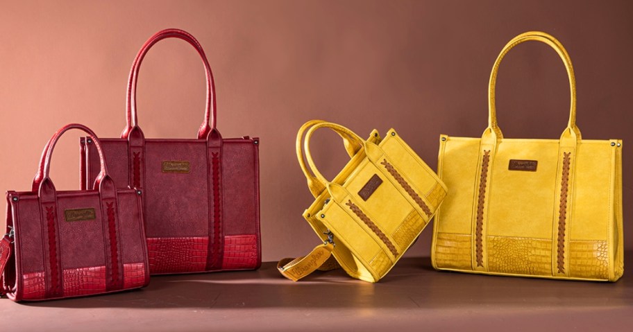 burgundy and yellow Wrangler Tote purses and Tote Bags