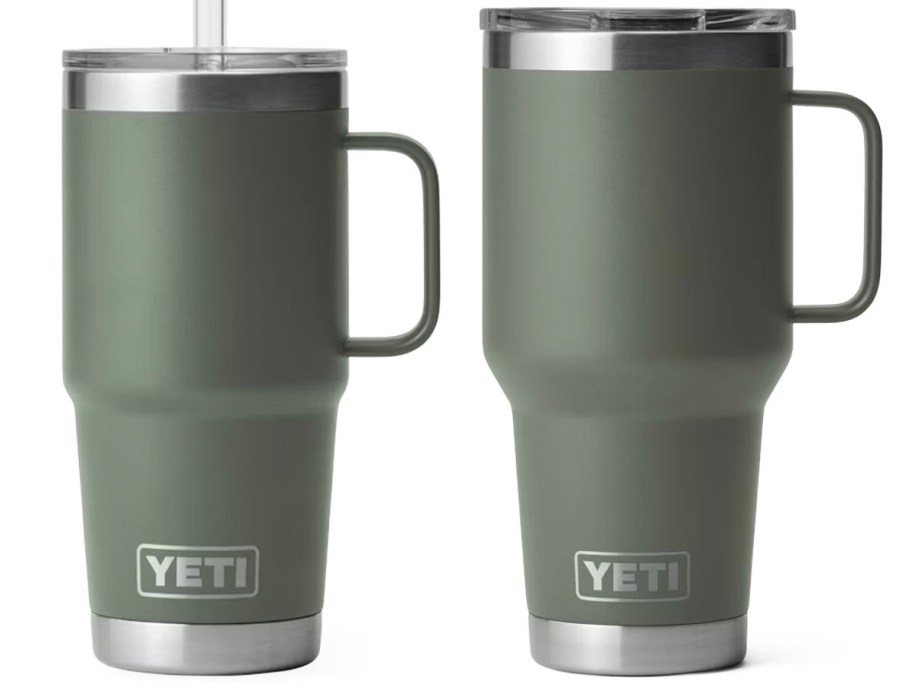 two tumblers with handles on e with straw in camp green color 
