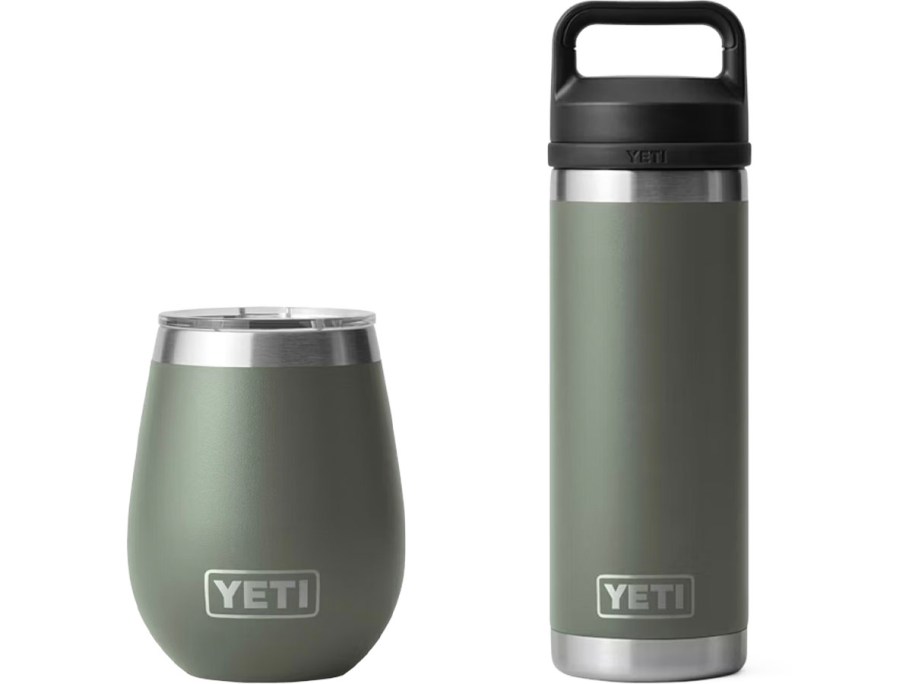 yeti wine tumbler and water bottle in camp green
