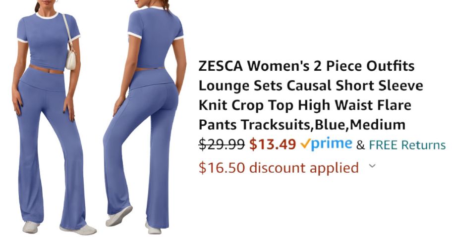 front and back view of blue outfit next to Amazon pricing information