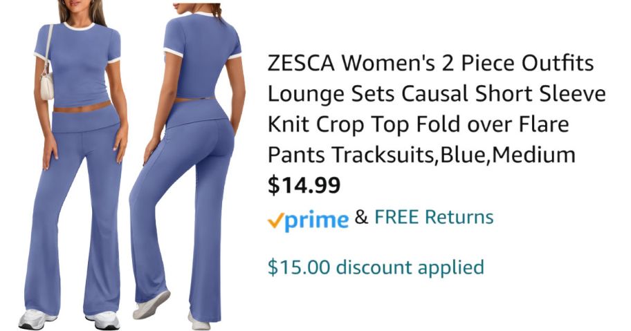 front and back view of woman in blue track suit next to pricing information