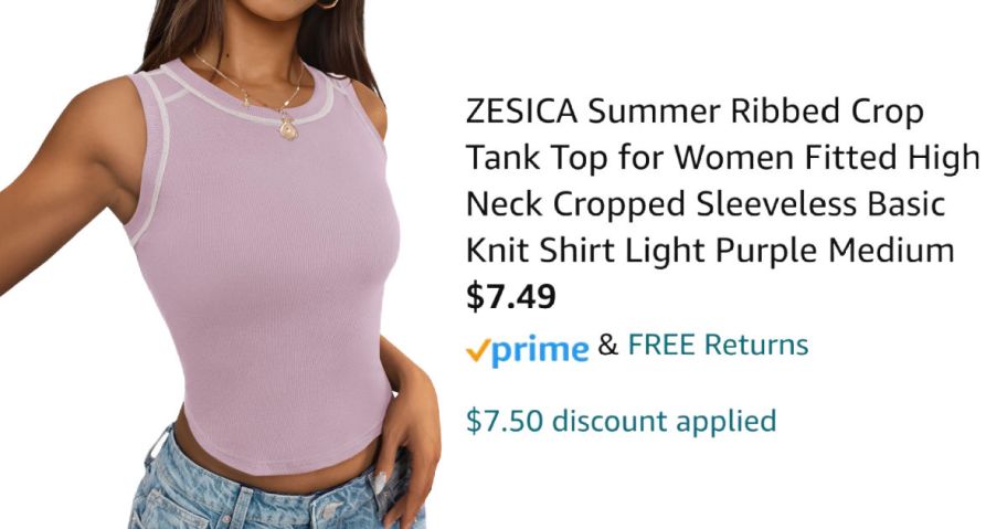 woman wearing purple tank top next to Amazon pricing information