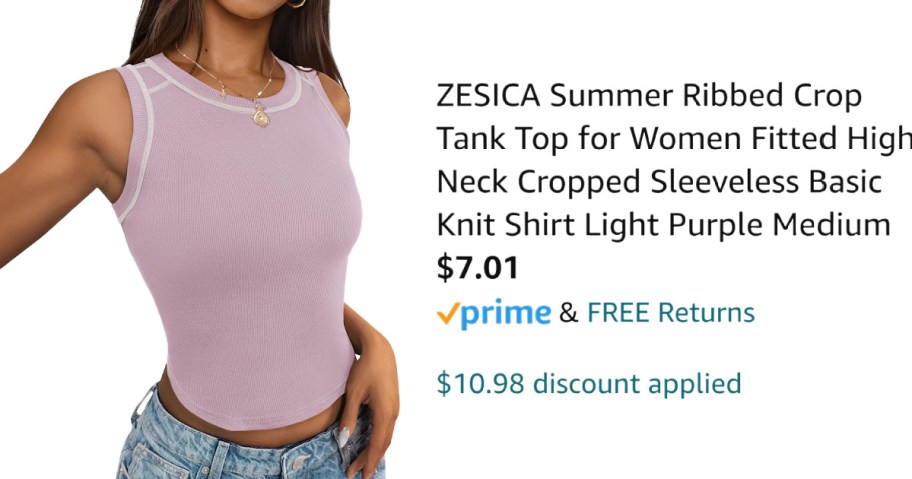 woman wearing purple tank top next to Amazon pricing information
