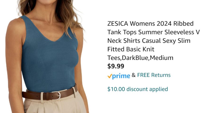 woman wearing blue tank top next to Amazon pricing information