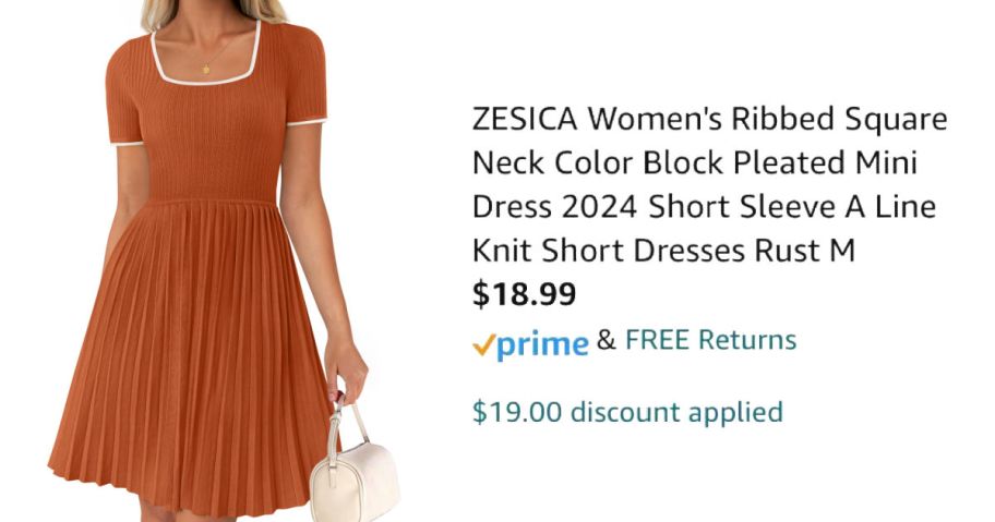 woman wearing rust colored dress next to Amazon pricing information