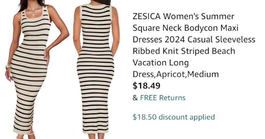 front and back view of striped dress next to pricing information