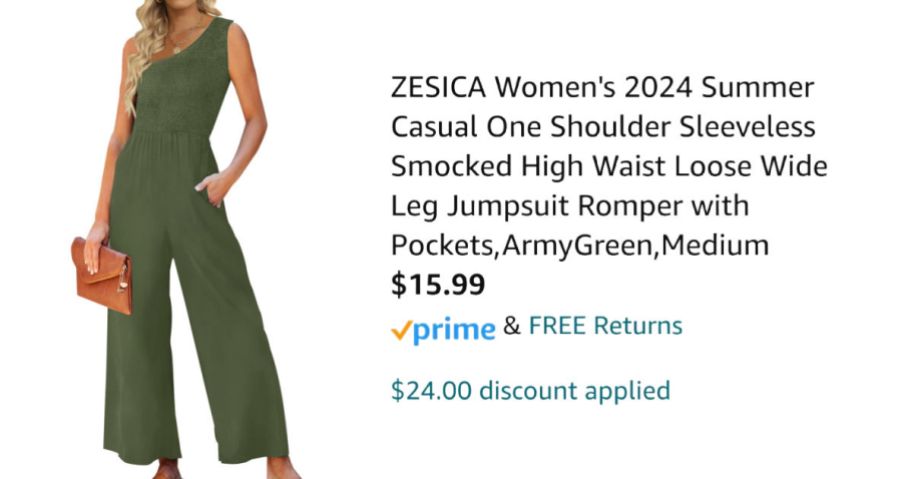 woman wearing green jumpsuit next to Amazon pricing information