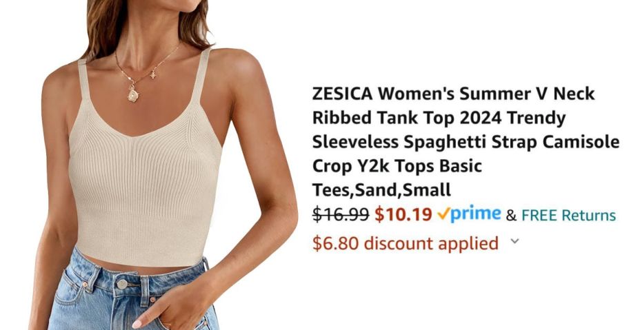 woman wearing tank top next to Amazon pricing information