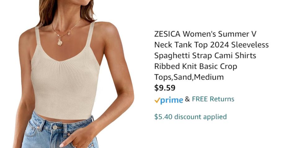 woman wearing beige tank top next to Amazon pricing information