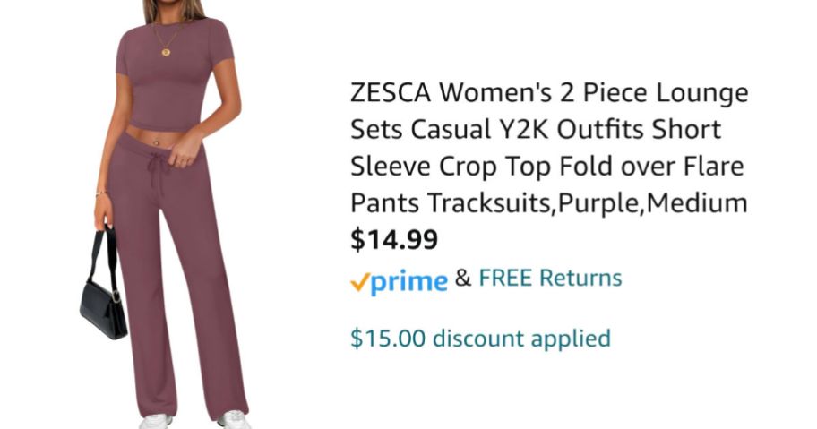 woman wearing purple outfit next to Amazon pricing information