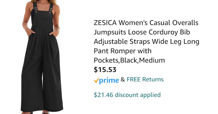 woman wearing black jumpsuit next to Amazon pricing information