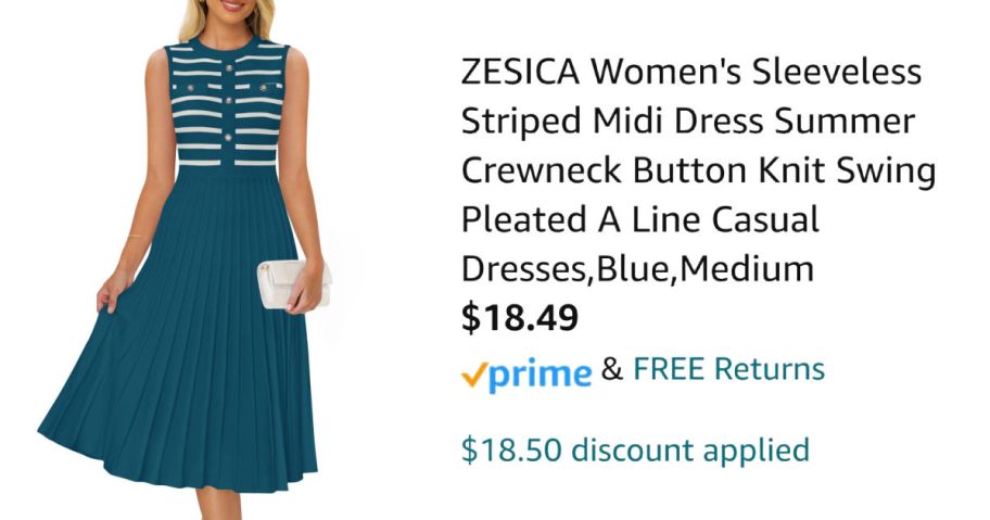 woman wearing green pleated dress next to Amazon pricing information