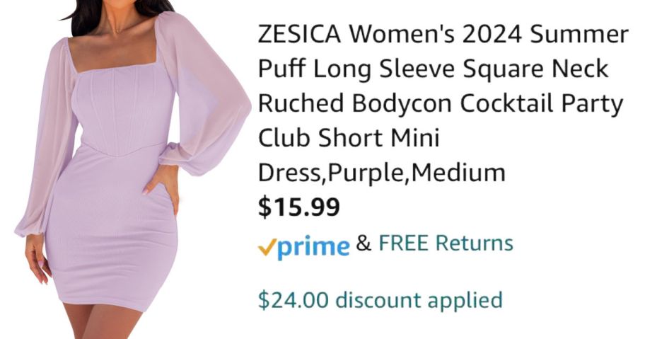 woman wearing purple mini dress next to Amazon pricing information