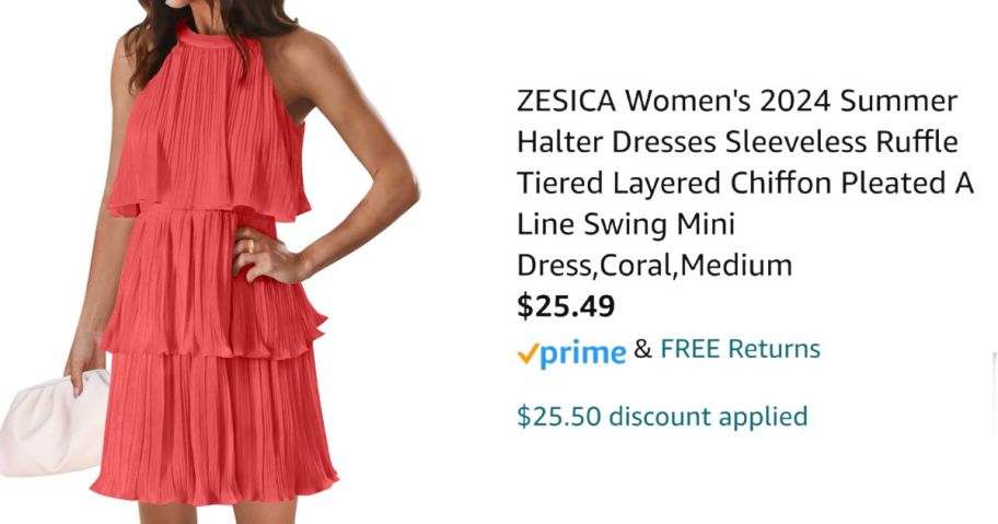 woman wearing coral colored dress next to Amazon pricing information