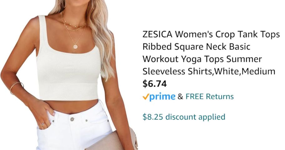 woman wearing white tank top next to Amazon pricing information