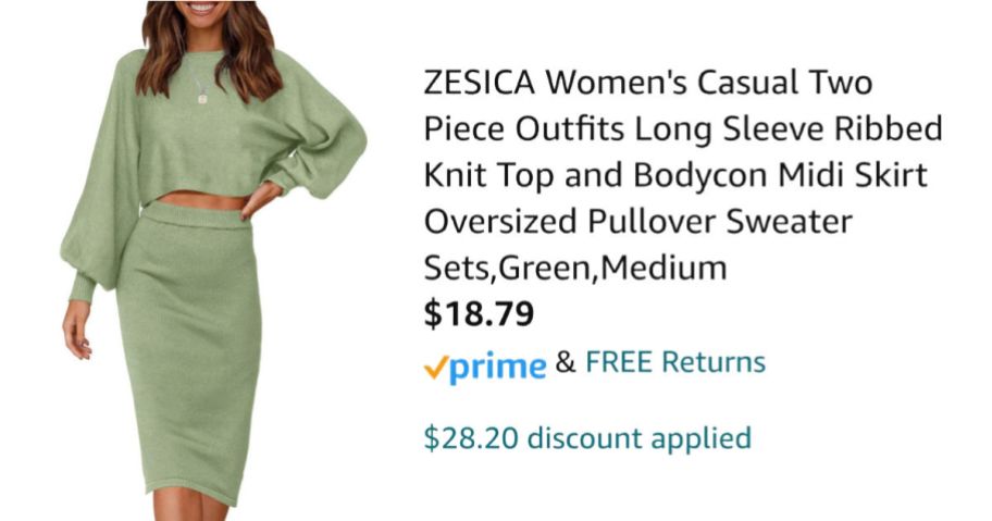 woman wearing green two-piece skirt set next to Amazon pricing information