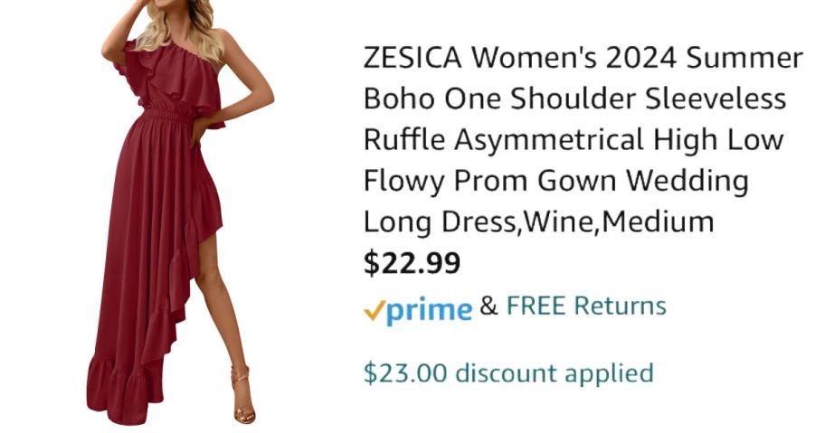 woman wearing red dress next to Amazon pricing information