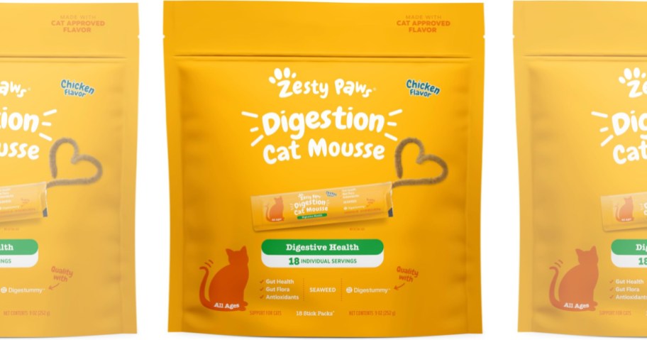 front views of 3 zesty paws cat mousse bags