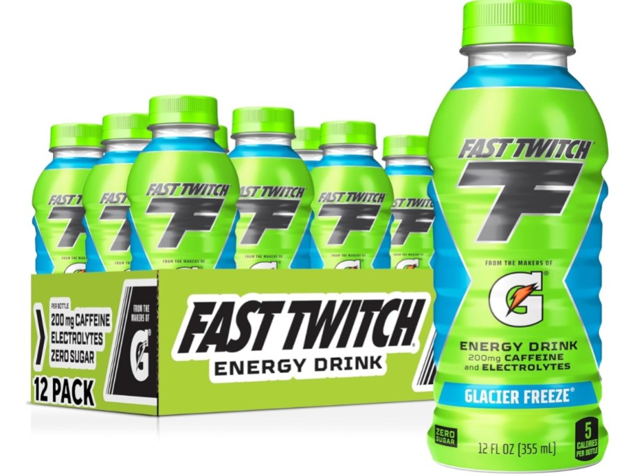 Gatorade Fast Twitch Energy Drink Glacier Freeze 12 pack in box with a single bottle in front