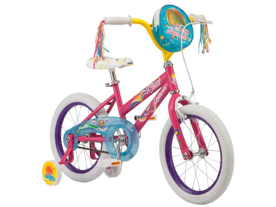 a little girl's pink, blue, yellow, and white bike with training wheels, carry case on front and streamers on the handles