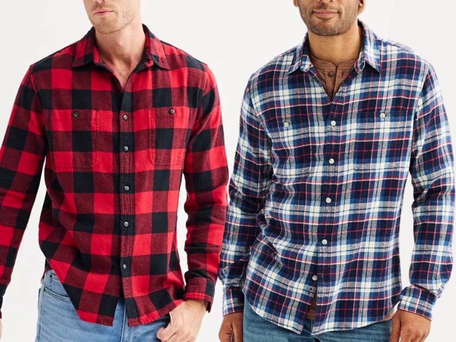 men wearing flannel button down shirts, 1 in red and black, the other in blue, red and white 