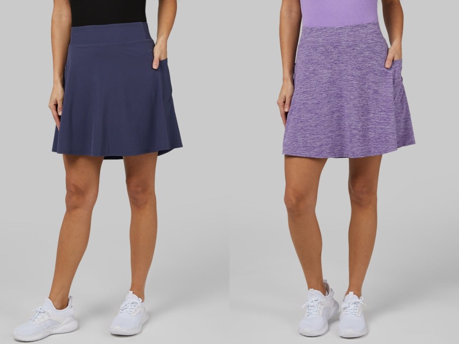 women wearing blue and light purple activewear skirts