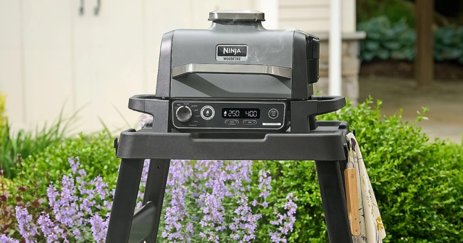 Ninja Woodfire Grill on a stand on a back patio