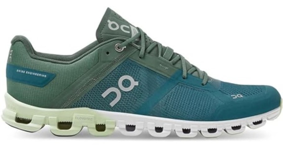 Men's On Cloud running shoe in teal green with white, grey and light green accents