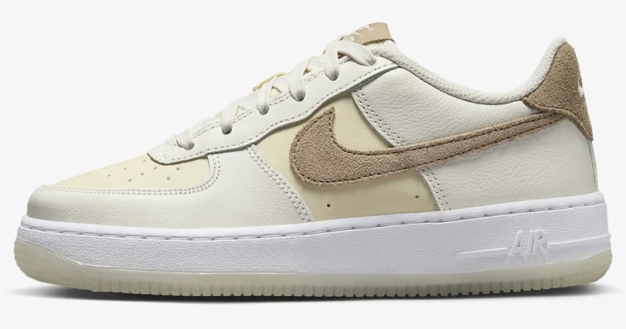 kid's off white, white, and tan Nike Air Force 1 shoes