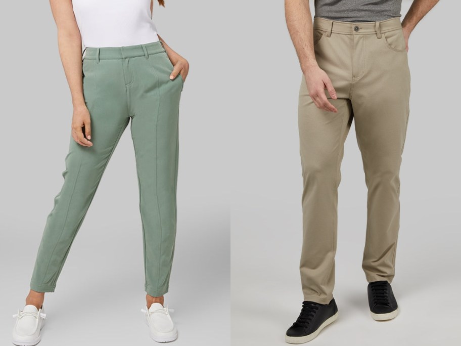 woman wearing light olive green pants, man wearing khaki pants