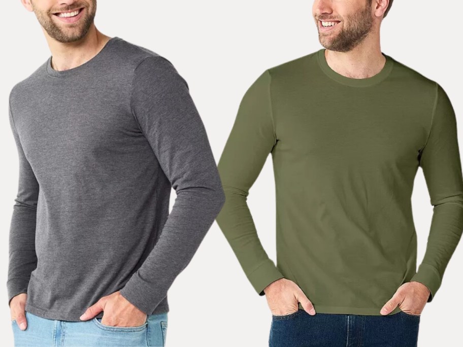 men wearing long sleeve crew neck tshirts, one in grey, one in olive green