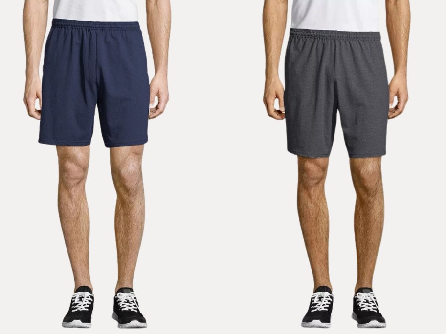 men wearing cotton active wear shorts, 1 in navy, the other in dark grey