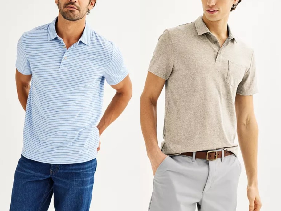 men wearing polo shirts, 1 in light blue and white stripes, the other in an oatmeal tan color