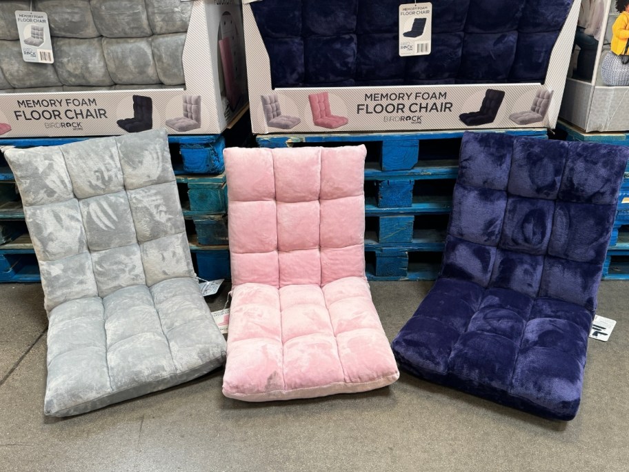 3 memory foam floor chairs in silver, pink, and blue at sam's club