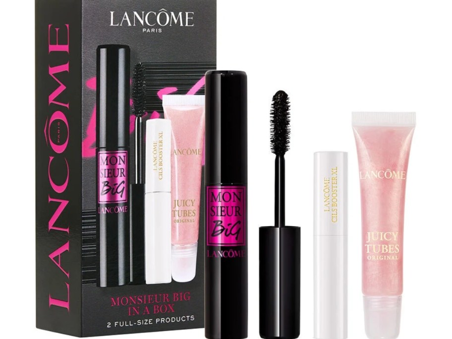 Lancome Gift set with mascara, primer, and lip gloss and the box it comes in