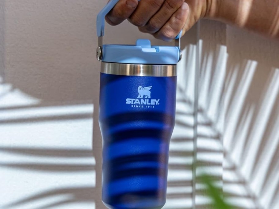 hand holding a bright blue Stanley water bottle with handle and straw, shadow of a palm leaf over it